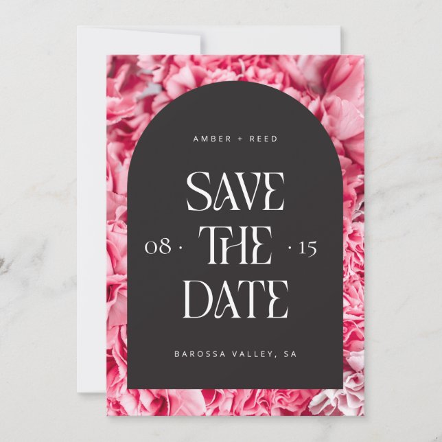 Pink & Black Floral Arch Retro Modern Font  Save The Date (Front)