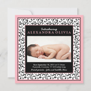 Pink Black Floral Baby Photo Birth Announcement