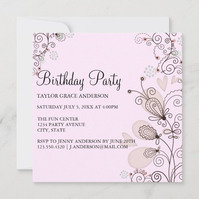 Pink & Black Floral Birthday Invite (Front)