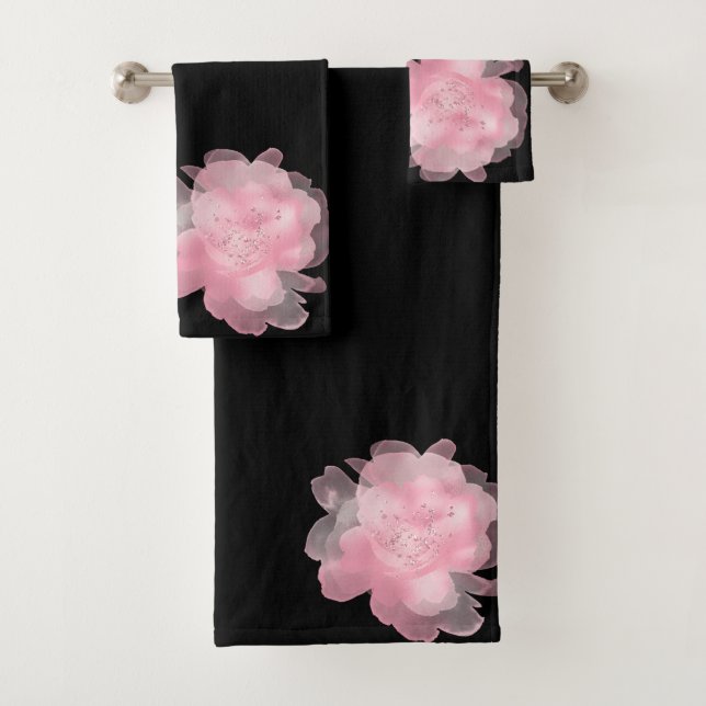 PINK BLACK FLORAL BLOOM BATHROOM TOWEL SET (Insitu)
