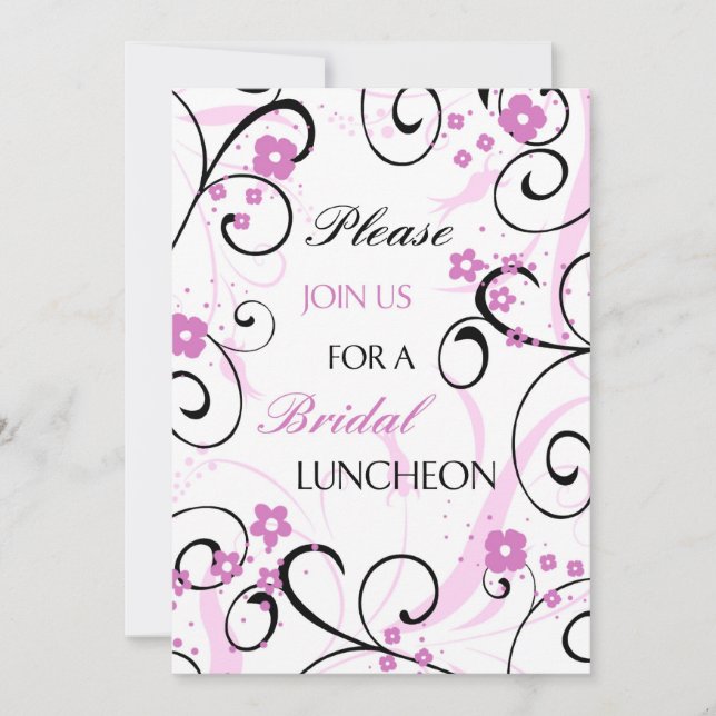 Pink Black Floral Bridal Luncheon Invitation Cards (Front)