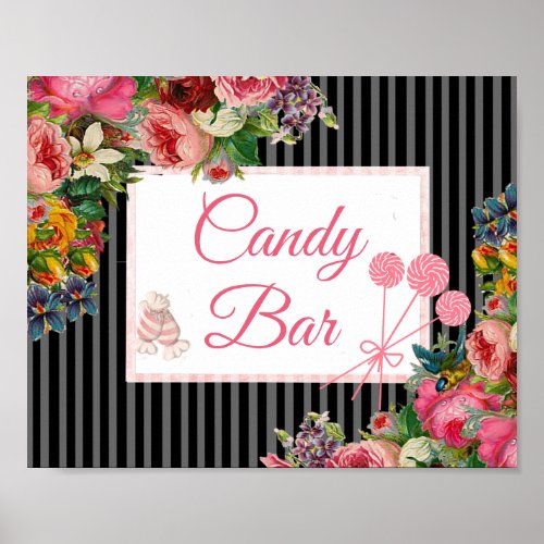 Pink  Black Floral Candy Bar Wedding Sign Poster