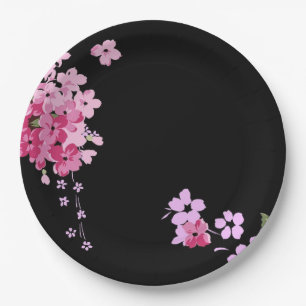 Pink & Black Floral Cherry Blossom Paper Plates