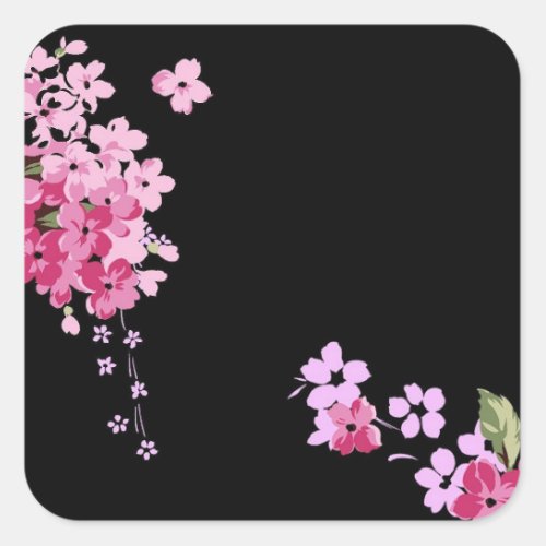 Pink  Black Floral Cherry Blossom  Square Sticker