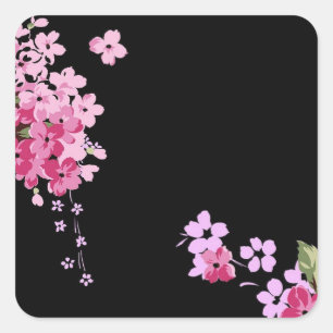 Pink & Black Floral Cherry Blossom Square Sticker