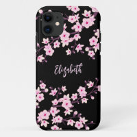 Pink Black Floral Cherry Blossoms Monogram