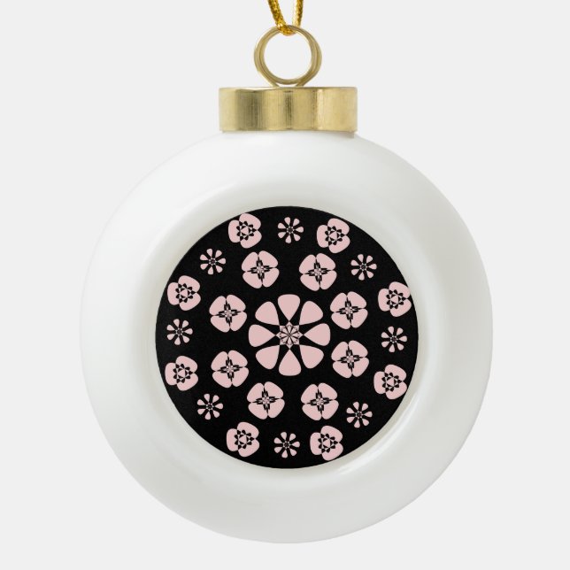 Pink/Black Floral Design Ceramic Ball Christmas Ornament (Front)