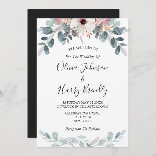 Pink Black Floral Eucalyptus Greenery Wedding Invitation