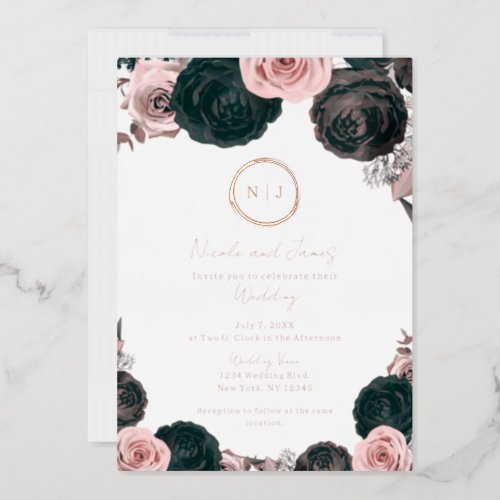 Pink  Black Floral Glam Modern Wedding Photo   Foil Invitation