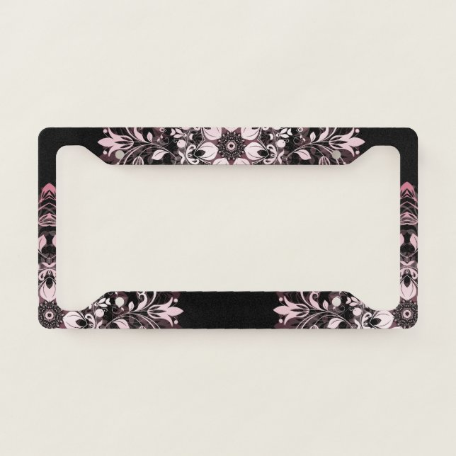 Pink Black Floral Mandala License Plate Frame (Front)