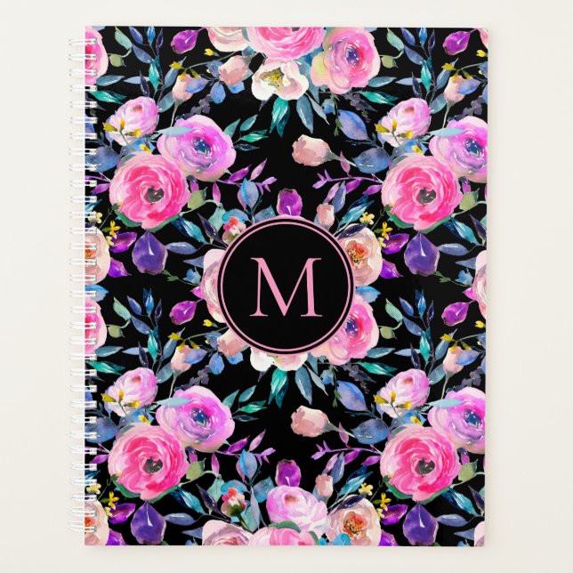 Pink Black Floral Monogram Personalized Planner (Front)