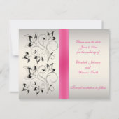 Pink Black Floral Save the Date Card (Back)