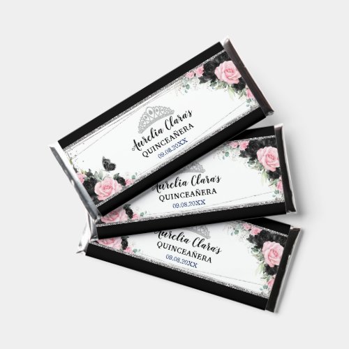 Pink Black Floral Silver Quinceaera Sweet Sixteen Hershey Bar Favors