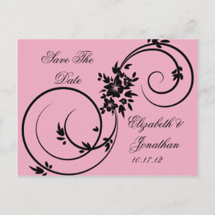 Pink Black Floral Swirls Save The Date Announcement Postcard