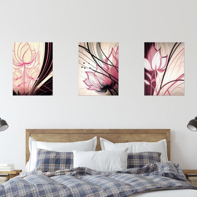 Pink & Black Floral Wall Art – Set of 3 Prints (Bedroom)