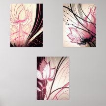 Pink & Black Floral Wall Art – Set of 3 Prints