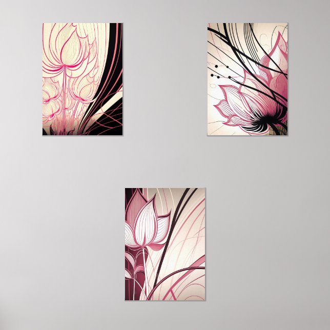 Pink & Black Floral Wall Art – Set of 3 Prints (Front)