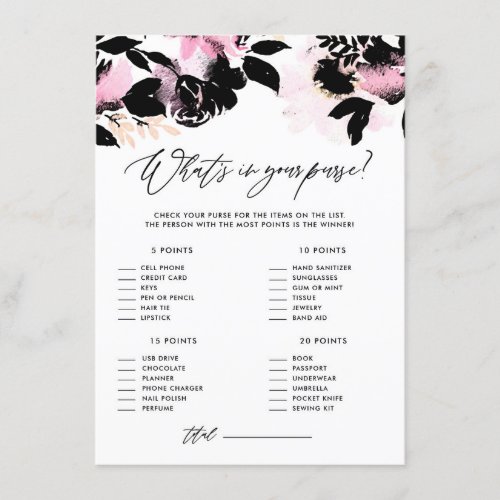 Pink Black Floral Whats in Your Purse Shower Game Enclosure Card