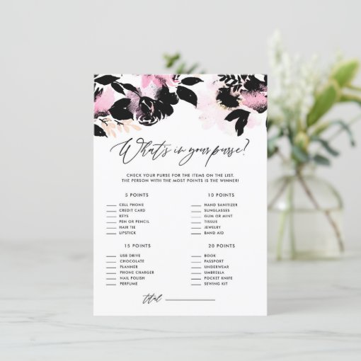 Pink Black Floral What's in Your Purse Shower Game Enclosure Card | Zazzle