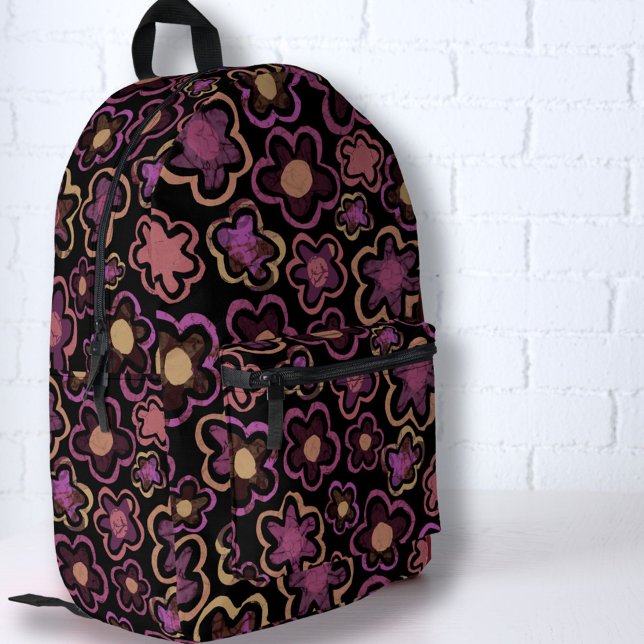 Pink Black Flower Hand-Drawn Pattern Floral  Printed Backpack (Creator Uploaded)