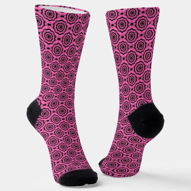 Pink Black Flower Seamless Pattern Socks (Angled)