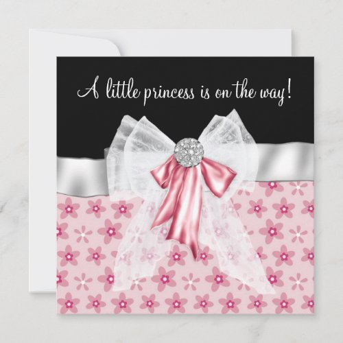 Pink Black Flowers Bows Princess Baby Shower Invitation