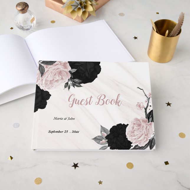 pink & black flowers gray botanical marble guest book (Front Open)