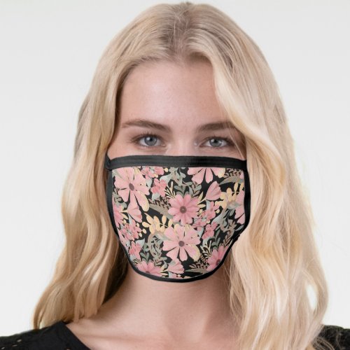 Pink Black Flowers Leave Watercolor Safety Face Mask