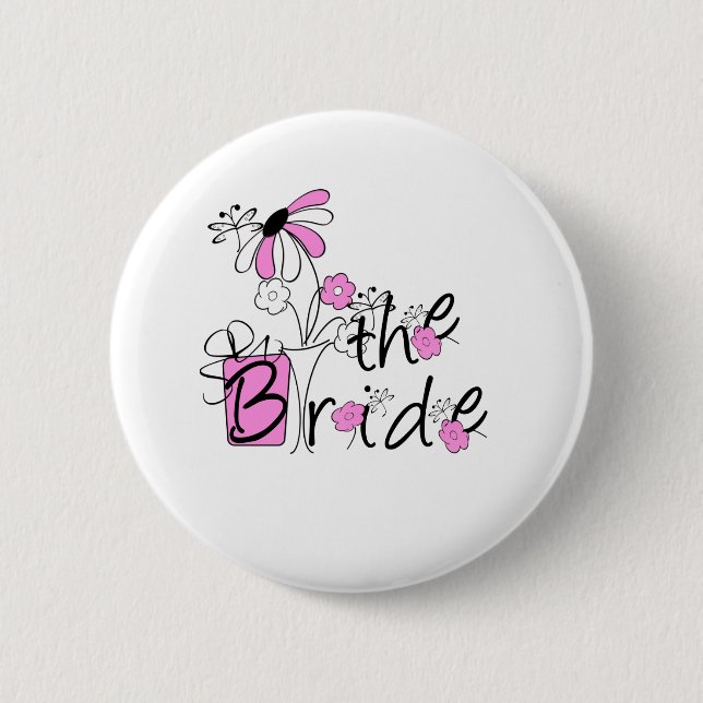 Pink/Black Flowers The Bride Button (Front)