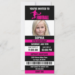 Pink Black Football Ticket Birthday Photo Invitation