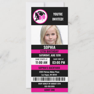 Pink Black Football Ticket Birthday Photo Invitation