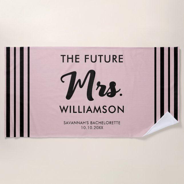 Pink Black Future Mrs Last Name Celebration Party Beach Towel (Front)