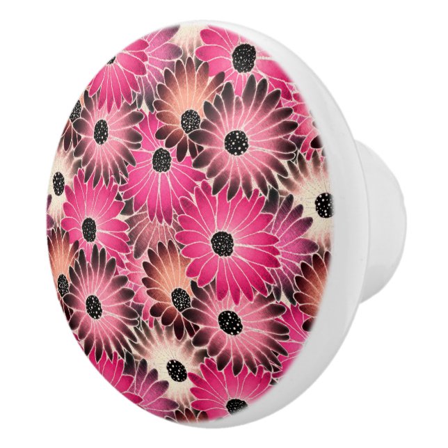 Pink & Black Gerbera Daisies Ceramic Knob (Right)