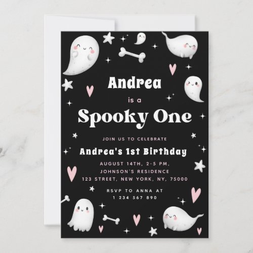 Pink  Black Ghost Spooky One 1st Birthday Party Invitation