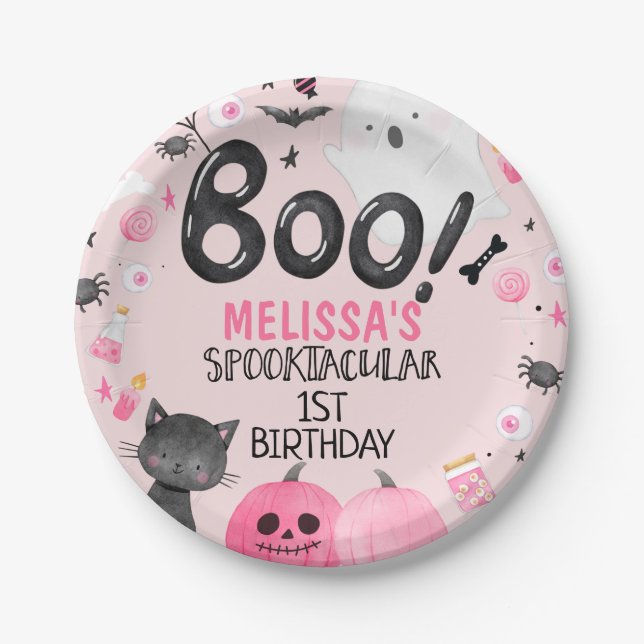 Pink Black Girl Boo Halloween Birthday  Paper Plates (Front)