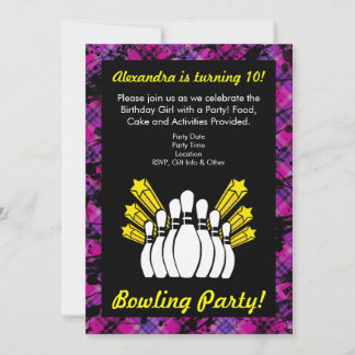 Pink, Black Girl Bowling Birthday Party Invitation