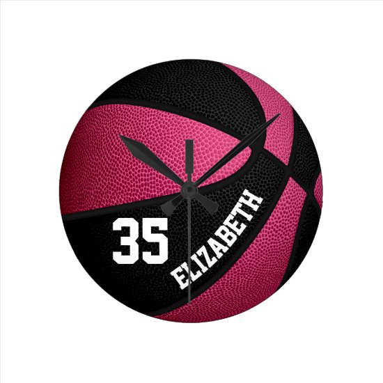 pink black girls basketball personalized round clock