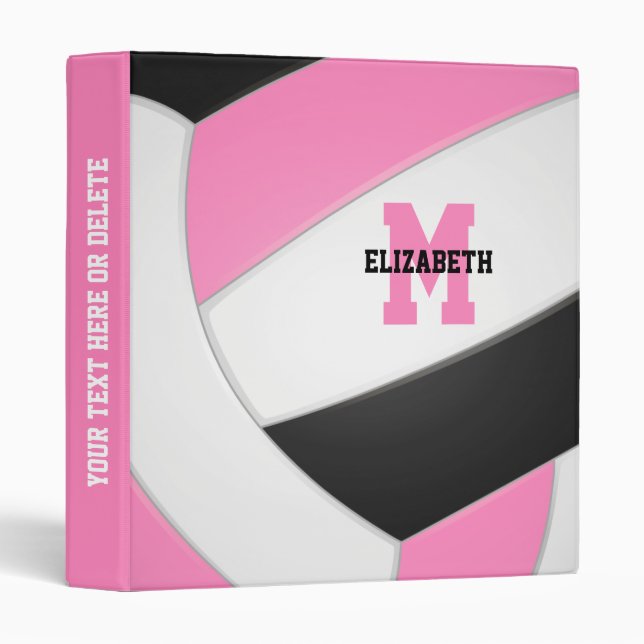 pink black girls monogrammed volleyball 3 ring binder (Front/Spine)