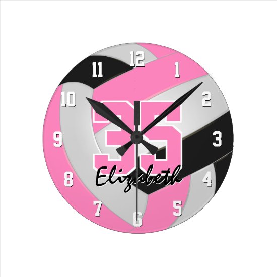 pink black girls personalized volleyball round clock