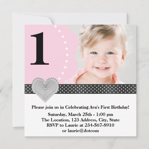 Pink Black Girls Photo 1st Birthday Party Personalized Invitations