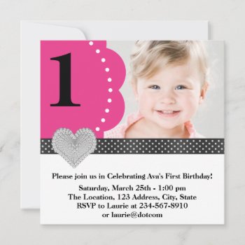 Pink Black Girls Photo 1st Birthday Party Invitation by InvitationCentral at Zazzle