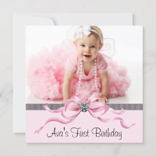 Pink Black Girls Photo First Birthday Party Custom Invite