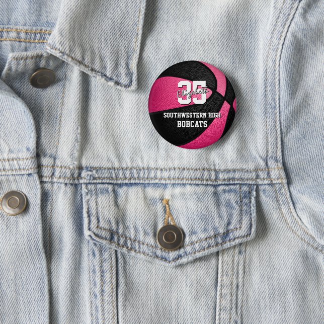 pink black girl's sports basketball team name button (In Situ)