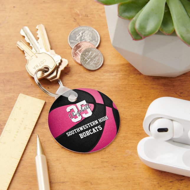 pink black girl's sports basketball team name keychain (Desk)