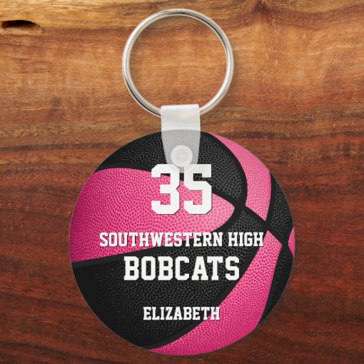 pink black girl's sports basketball team name keychain Zazzle