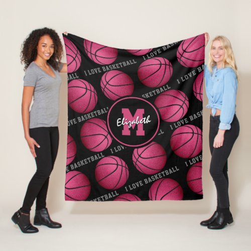 pink black girls sports room I love basketball Fleece Blanket