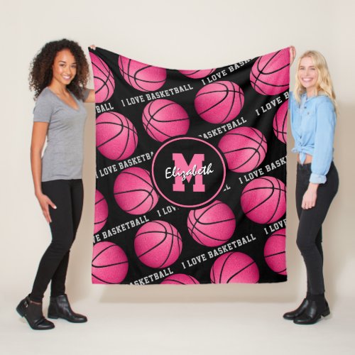 pink black girls sports room I love basketball Fleece Blanket
