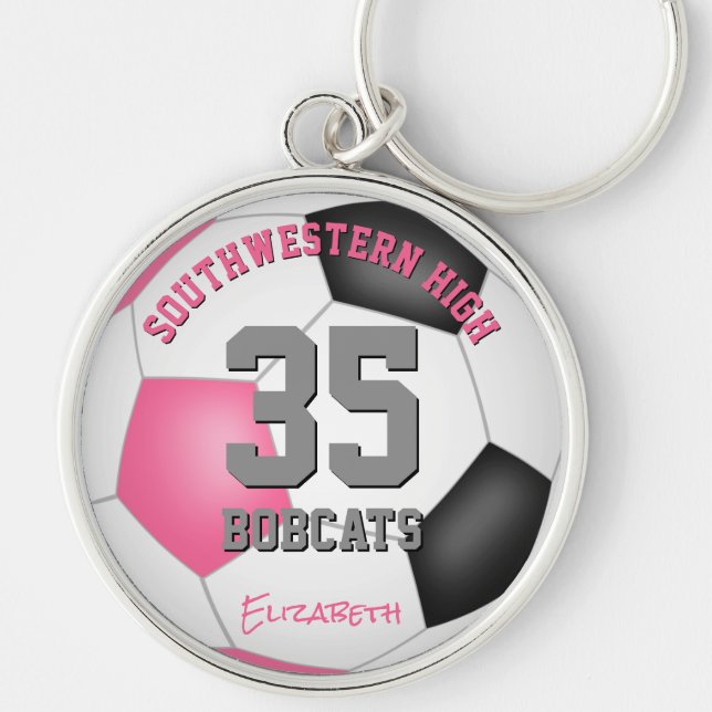 pink black girls sports soccer jersey number keychain (Front)
