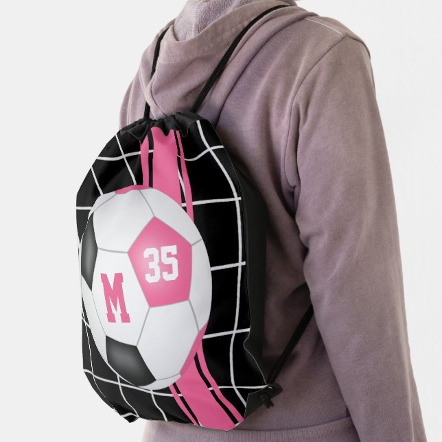 pink black girls sporty monogrammed soccer drawstring bag (Insitu)