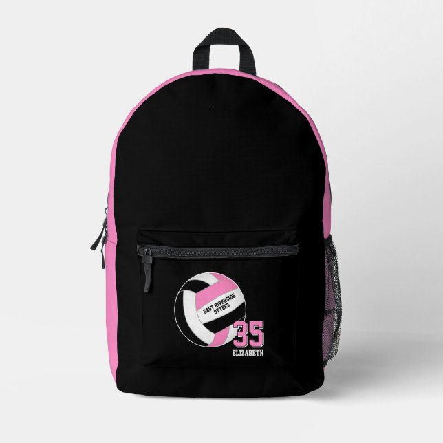 pink black girls teens volleyball team colors printed backpack (Front)